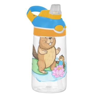 Imagem de Garrafa de água infantil de 473 ml, portátil, 473 ml, garrafa de água de plástico Tritan com canudo reutilizável à prova de vazamento, alça de transporte, lindo lírio castor de desenho animado