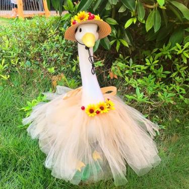 Imagem de Estátuas de ganso branco grande Cygnus, lindo pássaro grande decoração jardim escultura com roupas de girassol e chapéu estatueta de pato interior exterior varanda quintal piscina ornamentos de