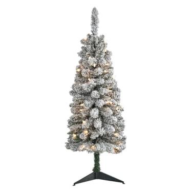 Imagem de Nearly Natural Lápis de árvore de Natal artificial com 50 luzes transparentes e 132 ramos dobráveis, branco