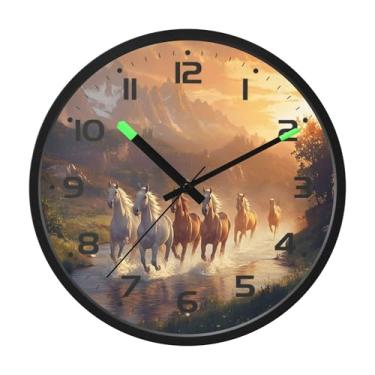 Imagem de SEHANY Relógio de parede artístico majestoso cavalos silencioso, sem tique-taque, relógio redondo operado por bateria, controle de som, luz noturna, relógios de parede para sala de estar, cozinha