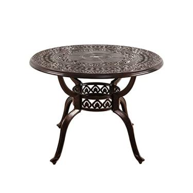 Imagem de LOERSS Mesa de jantar circular de alumínio fundido ao ar livre, mesa de pátio com orifício para guarda-chuva, mesa de bistrô redonda para ambientes internos para todos os climas, mesa e cadeiras de