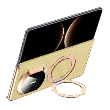 Imagem de POYUFRG Capa de couro genuíno para Huawei Mate X7, capa galvanizada com proteção de dobradiça de lente com tudo incluído, capa galvanizada com anel magnético, amarelo, Mate X7