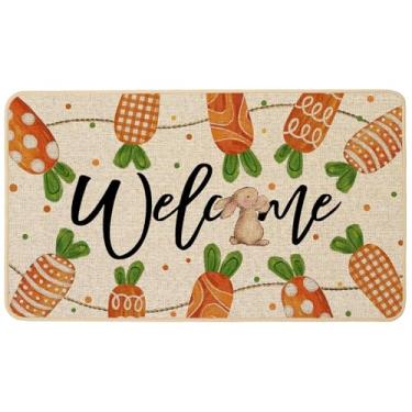 Imagem de Baccessor Tapete de porta de coelhinho de cenoura da páscoa com mola decorativa capacho frontal de boas-vindas 43 x 73 cm, tapete de porta para ambientes internos e externos, antiderrapante, suporte