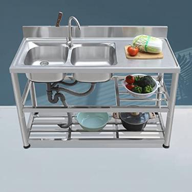 Imagem de Pia de cozinha independente de aço inoxidável 304, com bancada de trabalho, pia comercial com 2 tigelas, 2 compartimentos para pia utilitária com 2 escorredores e 2 prateleiras (120 x 50 x 80 cm)