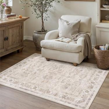 Imagem de PureCozy Tapete de área 3x5 bege lavável vintage antiderrapante pequeno escritório pilha baixa cozinha banheiro acento tapete envelhecido tapete de porta de entrada quarto sala de estar