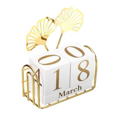Imagem de PATIKIL Calendário de blocos perpétuos de madeira, exibição diária decorativa dourada com blocos móveis, decoração moderna de mesa de café para festas, feriados, casamentos, folhas recortadas em forma