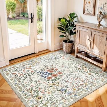Imagem de Tapete de entrada 10 x 10 cm, sala de estar: tapetes de entrada laváveis florais antiderrapantes para piso interno, cozinha, quarto - tapete macio e fino para decoração de casa boho vintage (quadrado
