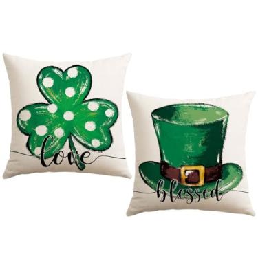 Imagem de Artscope Capas de almofada de chapéu verde trevo dia de São Patrício 40,6 x 40,6 cm conjunto de 2, fronhas de decoração de férias trevo de bolinhas para sofá de casa