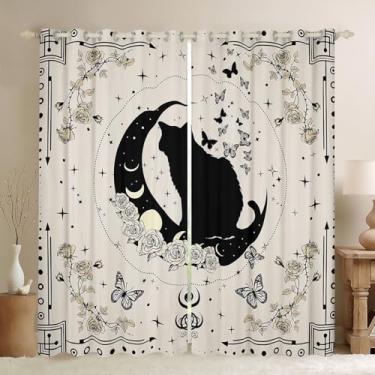 Imagem de Manfei Lindas cortinas de janela de gato boho, lua borboleta, estampa floral, tratamentos de janela de animais de desenho animado, decoração de quarto de crianças, meninos e meninas, conjunto de 2