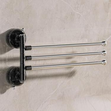 Imagem de Barra de toalha com ventosa para banheiro, toalheiro giratório de aço inoxidável, suporte de toalha giratório montado na parede para banheiro, cozinha (preto, 3 braços)