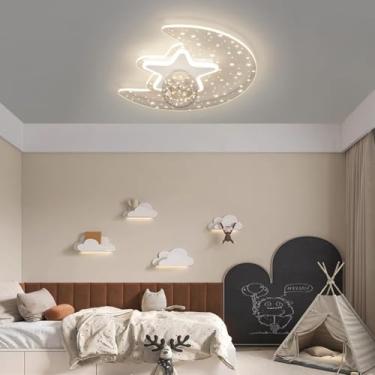 Imagem de Luminária de teto infantil LED em formato de estrela e lua, com cúpula de vidro, dimerização contínua e controle remoto. 40W, ideal para quartos e jardins de infância (branca).