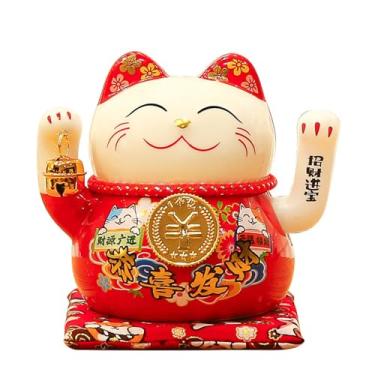 Imagem de FENNYYAR Mascote Maneki Neko vermelho com sino de mão de cerâmica, 15,5 cm, 15,2 cm, decoração de ano novo para casa