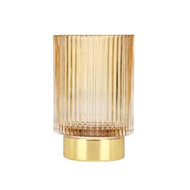 Imagem de Lejesth Suporte de pincel de maquiagem listrado de vidro, caneta pincel, lápis, caixa de armazenamento de metal inferior, armazenamento personalizado para sala de estar (amarelo claro, G)