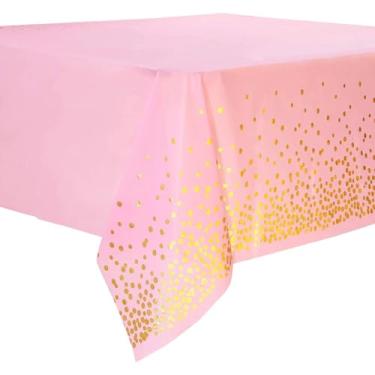Imagem de Toalha de mesa descartável rosa com estampa de bolinhas douradas, 137 x 272 cm, capa de mesa retangular de plástico para aniversários, Natal, decorações de festa de Halloween, 1 pacote de 0,03 mm