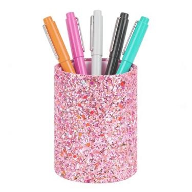 Imagem de ReignSword Suporte de caneta para mesa, lindo copo de lápis com glitter rosa com material de couro vegano para mulheres e meninas, organizador de mesa estético para escritório em casa