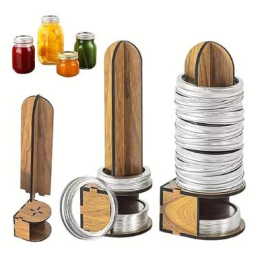 Imagem de Anlulasan Suporte de tampa de conserva para potes de pedreiro, pacote com 2 tampas de madeira e organizador de anéis, suporte de armazenamento de tampa de pote de vidro de boca regular e larga