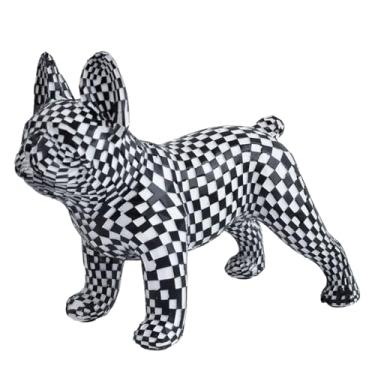 Imagem de ASLASL Estátua de buldogue xadrez preto e branco, decorações de mesa de arte de sala de estar, decoração moderna feita à mão, ornamento de estátua de animal, escultura de buldogue inglês, coleção