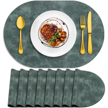 Imagem de ADRIMER Jogo americano oval, resistente ao calor, conjunto de 8 laváveis, 30,5 x 43,3 cm, tapetes de mesa à prova d'água, tapetes de poliuretano limpáveis para cozinha, sala de jantar, azul e verde