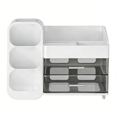 Imagem de Fockety Organizador de Maquiagem, Estojo Plástico para Cosméticos com Gavetas e Porta-Pincéis, Organizador Transparente com Vários Compartimentos para Penteadeira, Banheiro Escritório (Branca)