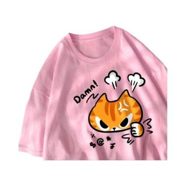 Imagem de Camiseta Feminina De Verão Com Estampa De Gato Enojado, Gola Redonda, 