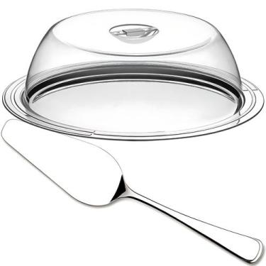 Imagem de Boleira Porta Bolo Tampa Espátula Prato Inox Tramontina Kit