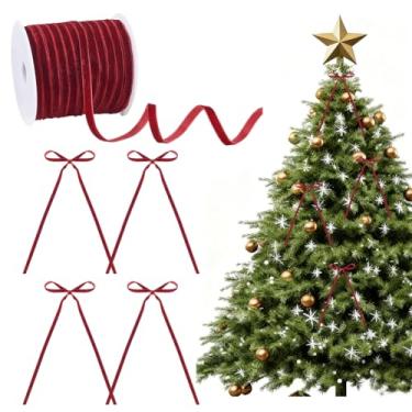 Imagem de HOBBIESAY 1 rolo 60 jardas 1/10.2 cm laços de árvore de Natal de veludo vinho escuro laços de árvore de Natal acabamento de veludo face única fita fina vintage para embrulho de presente de Natal arco