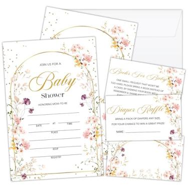 Imagem de Lesixur 25 conjuntos de convites para chá de bebê, sorteio de fraldas de flores silvestres cartões de livro com envelopes para revelação de gênero, anúncio de bebê de primavera, lembrancinha de festa