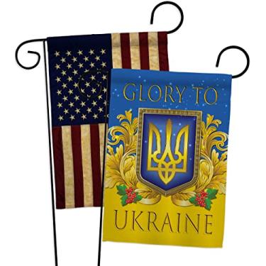 Imagem de Ukraine Flag Pacote de bandeira de jardim Glory to Ukraine Suporte para causa com aplique vintage ucraniano para decoração de casa, presente de quintal duplo, feito nos EUA