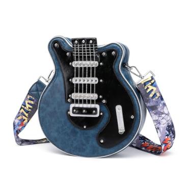 Imagem de Bolsa de ombro pequena criativa em forma de guitarra bolsa transversal com zíper bolsa de poliuretano para meninas mulheres cinto de ombro ajustável, Azul escuro, Mass Beauty
