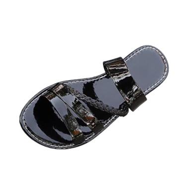 Imagem de Sandália feminina casual de uma tira plana confortável verão praia calçado moderno para uso externo interno fácil de usar, Preto, 36