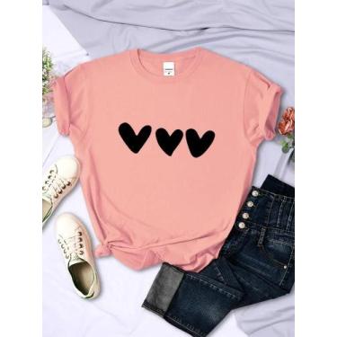 Imagem de Camisetas Femininas Pretas Com Estampa De Coração Manga Curta Casual R