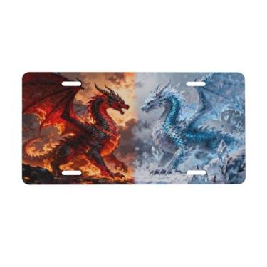 Imagem de Placa de licença frontal de dragão de gelo de fogo, fantasia épica, dois dragões, placas de alumínio decorativas, placa de carro de metal, 15 x 30 cm, novidade com 4 furos, acessório de decoração de