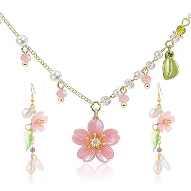 Imagem de QLYOVWE Conjunto de brincos de colar de pérolas Lily of the Valley para mulheres, brincos com pingente de flor rosa, elfo da floresta, fantasia, colar, verão, refrescante, litoral, idílico, joia de