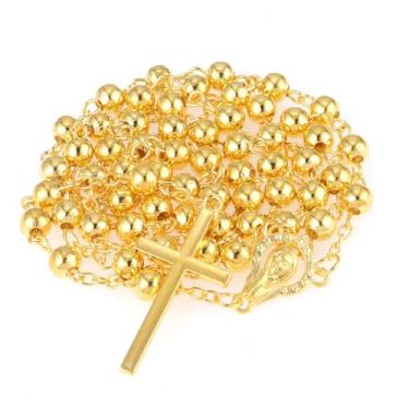 Imagem de OEMOO Rosário católico, colar de rosário com bolsa de couro, contas de oração douradas, presentes cristãos para mulheres presentes católicos (B)