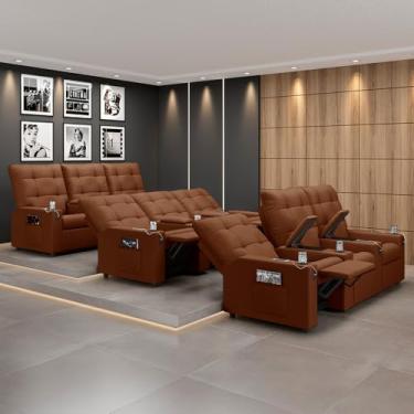 Imagem de Poltrona do Papai Reclinável Sala de Cinema Movie 3 Lugares Manual Baú USB Veludo Terracota
