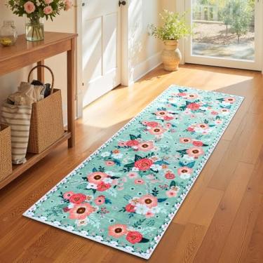 Imagem de GRANNY SAYS Tapete para corredores antiderrapante, tapete lavável 5 x 15 cm com suporte de borracha, tapete macio de lã sintética, tapete vintage para cozinha, entrada, água-marinha floral