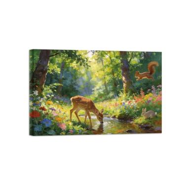 Imagem de BMZFYBS Impressão em tela de paisagem de arte de parede - primavera floresta rio animais - pintura de decoração - imagens para sala de estar pronto para pendurar 20x30cm8x12in tela embrulhada