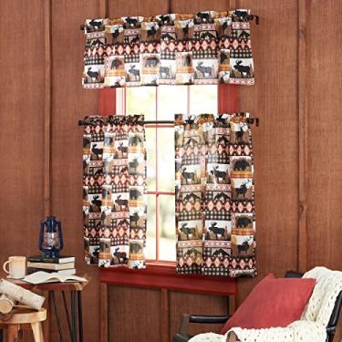 Imagem de Estate View™ Conjunto de cortinas e cortinas de 3 peças com bolso de vara de filtragem leve alce Lodge, 137 x 91 cm, verde/preto