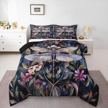 Imagem de Castle Fairy Conjunto de edredom Queen com libélula, 3 peças, decoração de flores retrô botânicas para crianças, adolescentes e adultos, colorido, sonhador, libélula selvagem, edredom com 2 fronhas