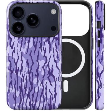 Imagem de flewfun Capa magnética para iPhone 17 Pro Max, capa de telefone camuflada roxa, à prova de choque, fina, macia e TPU (poliuretano termoplástico) e capa protetora rígida de policarbonato compatível com