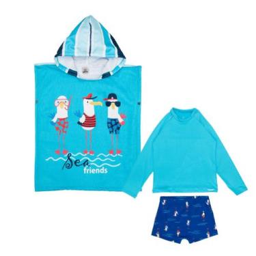 Imagem de Poncho Atoalhado + Conjunto Menino Proteção Solar Uv Praia - Fofotinho