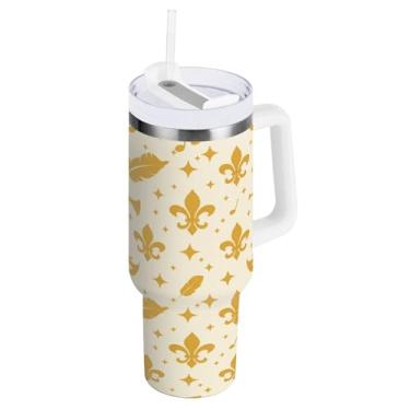 Imagem de Blueangle Copo isolado padrão Mardi Gras de 850 g com alça e tampa de palha, caneca de viagem reutilizável de aço inoxidável (768)