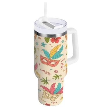 Imagem de Blueangle Copo isolado de máscara de carnaval de 850 g com alça e tampa de palha, caneca de viagem reutilizável de aço inoxidável (720)