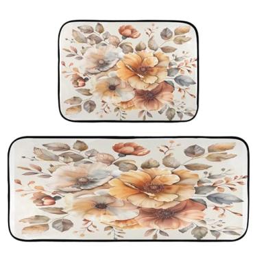 Imagem de xigua Conjunto de 2 peças de tapetes e tapetes de cozinha com buquê floral em aquarela, tapetes de cozinha macios absorventes para chão, tapete de cozinha, antiderrapante, conjunto de capachos, 50 x