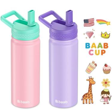 Imagem de baab Garrafa de água infantil de 590 ml, garrafa de água isolada com canudo e adesivos, copo de canudo infantil à prova de vazamento de aço inoxidável 18/8 para escola, perfeito para meninos e meninas