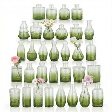 Imagem de BEAHOT Pacote com 32 vasos bud a granel, mini vasos de flores de vidro vintage verdes para centros de mesa, decoração de casamento, decoração de festa e casa, dia das mães (gradiente verde)
