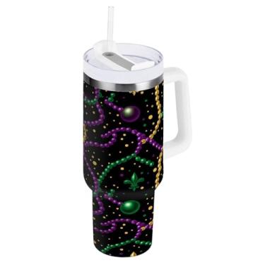 Imagem de Blueangle Copo isolado com cordão de contas de carnaval de 850 g com alça e tampa de palha, caneca de viagem reutilizável de aço inoxidável (531)