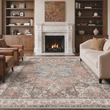 Imagem de GENIMO Tapete antilavagem, 20 x 25 cm, para sala de estar, quarto, impermeável, resistente a manchas, à prova de óleo, tapete boho vintage antiderrapante para sala de jantar e decoração de escritório