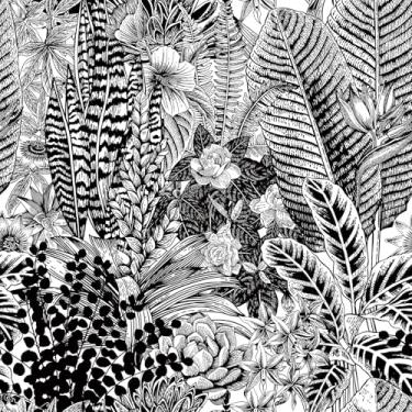 Imagem de FunStick Papel de parede tropical preto e branco de 44,5 cm x 1,498 cm, folhas da selva escura, papel de parede floral para quarto, sala de estar, mural de flor, papel de parede removível, papel de