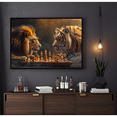 Imagem de Quadro Decorativo Leão vs Tigre Jogando Xadrez Sala Hall Escritório 100x70cm (02, Preto, 100x70)